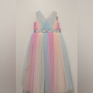 Pastel Rainbow Kids Long Dress with Silver Accents